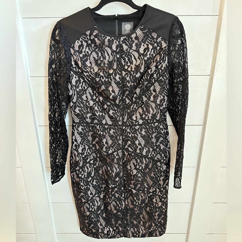 VINCE CAMUTTO Black lace midi coquette nylon poly quiet luxury evening dress 8